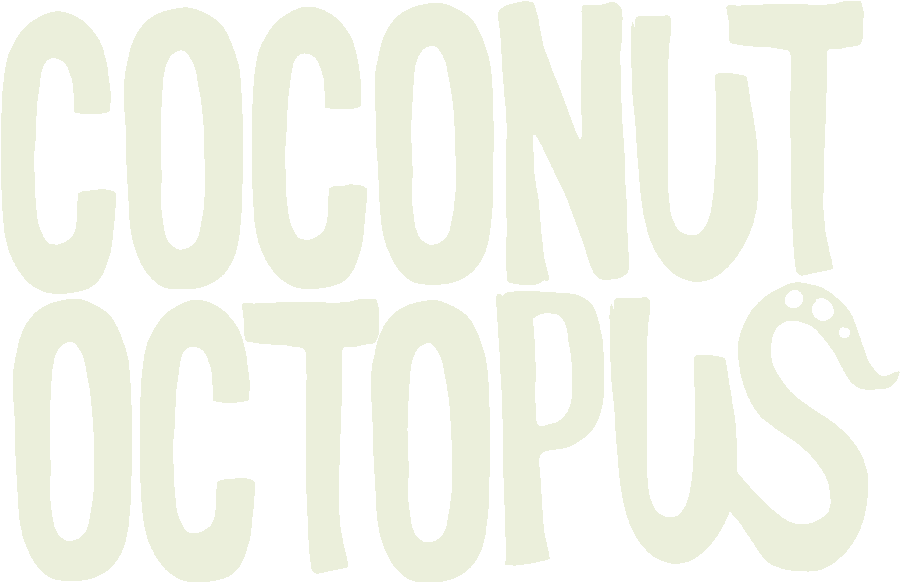 Coconut Octopus logo: hand-lettered wordmark with an octopus tentacle forming the letter S